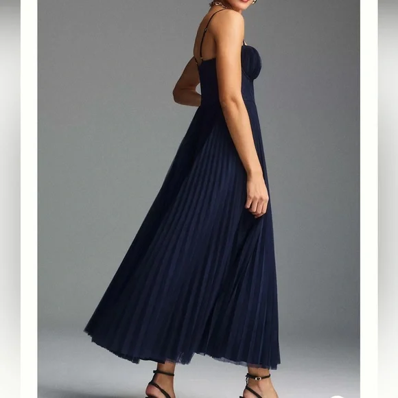 Anthropologie Hutch Amara Corset Pleated Tulle Fit & Flare Midi Dress in Navy - Picture 4 of 10
